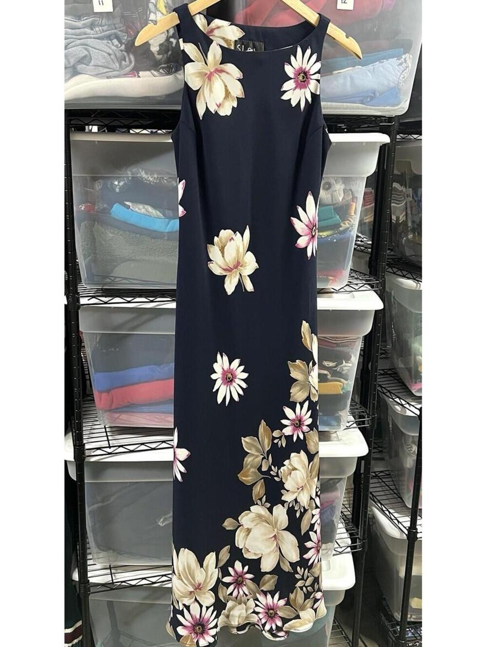 Vintage Maxi Dress 10 Navy Floral A Line Sleeveless Hippie Boho Y2K Retro